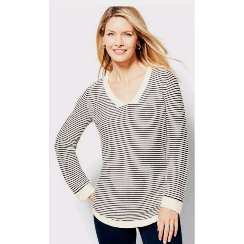 Talbots Link Stitch V Neck Sweater Petites MP Curved Hem Stripe